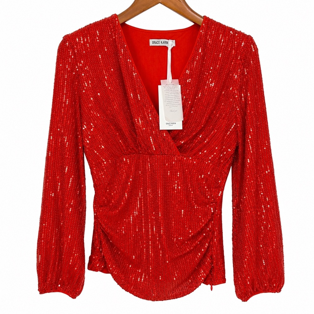 Grace Karin Red Sequin Surplice V-Neck Ruched Long Sleeve Blouse Top Medium NEW